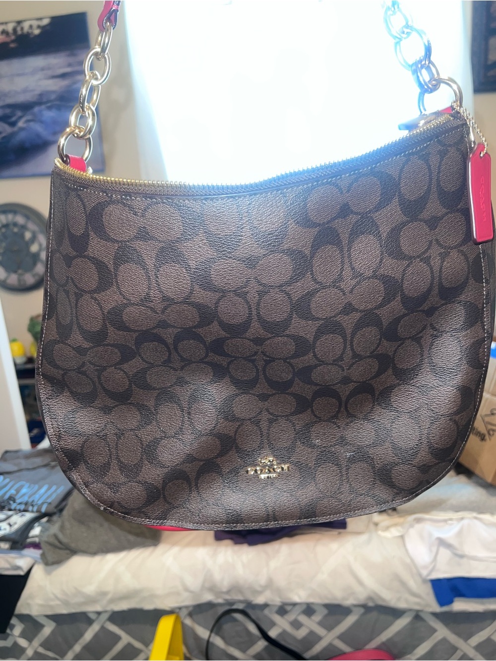 Coach Brown Signature Shoulder Bag with Red Trim